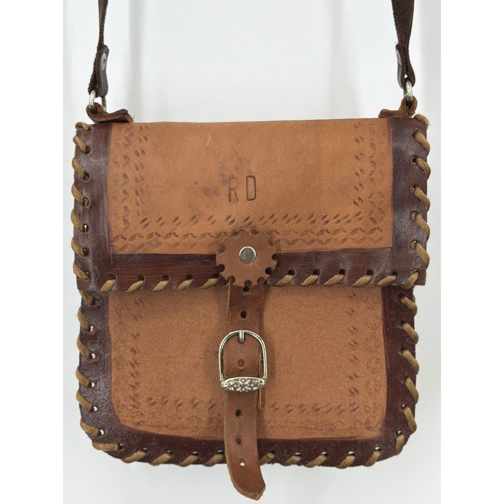 Vtg Handmade Leather Whipstitch Crossbody Bag Tooled Western Boho Brown "RD"